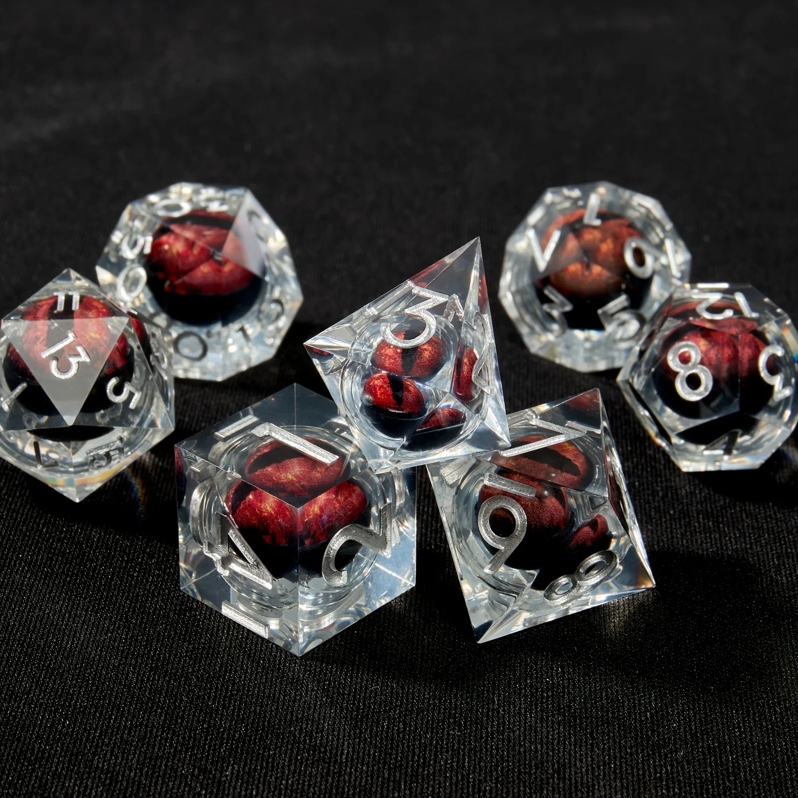 Dragon's Eye Dice Set (Crimson) | Sharp-edged Polyhedral Liquid Core, 7pc set