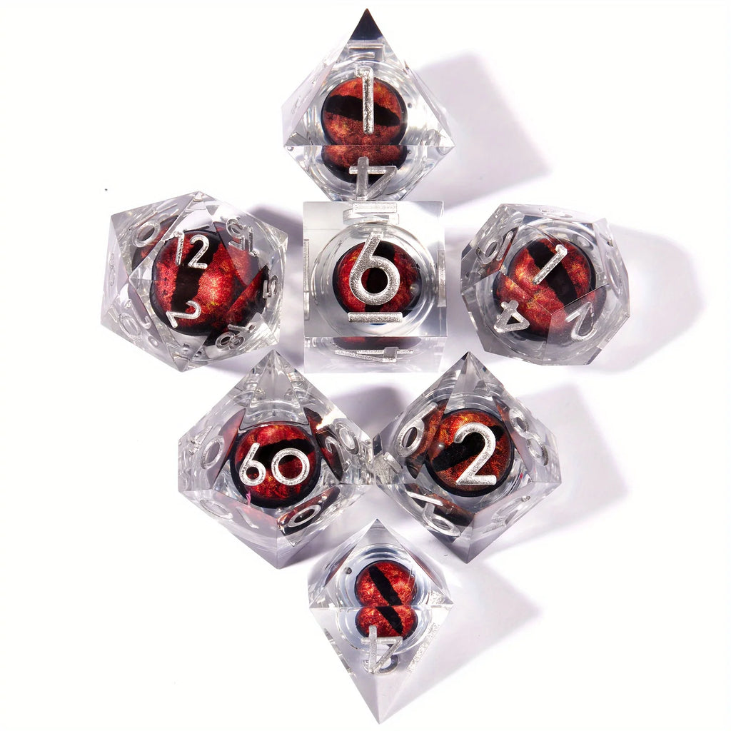 Dragon's Eye Dice Set (Crimson) | Sharp-edged Polyhedral Liquid Core, 7pc set