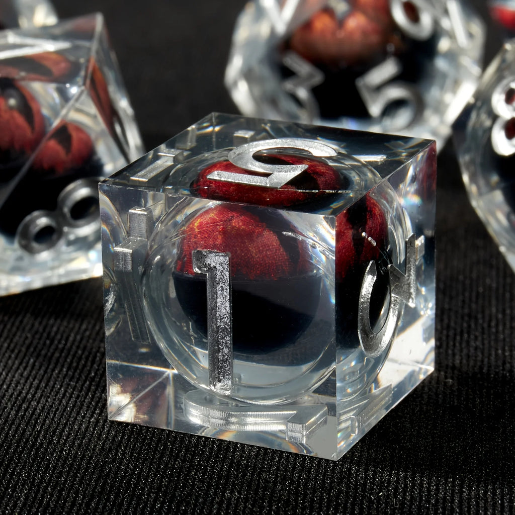 Dragon's Eye Dice Set (Crimson) | Sharp-edged Polyhedral Liquid Core, 7pc set