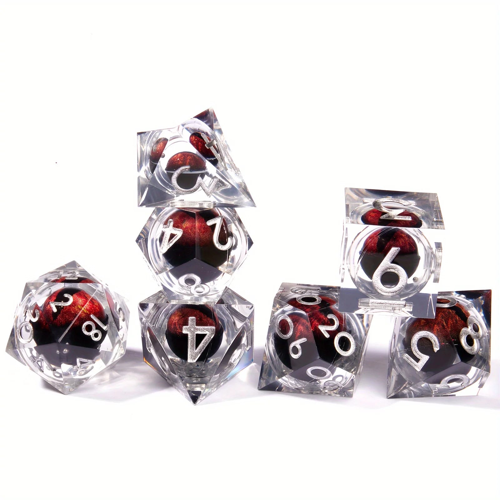 Dragon's Eye Dice Set (Crimson) | Sharp-edged Polyhedral Liquid Core, 7pc set